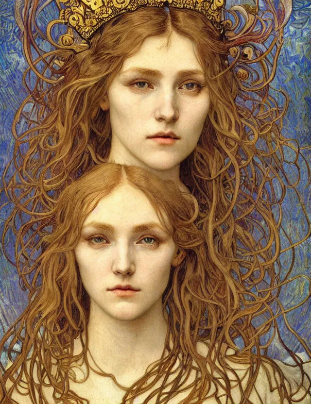 Image similar to detailed realistic beautiful young medieval queen face portrait by jean delville, alphonse mucha, vincent van gogh, and marco mazzoni, art nouveau, symbolist, visionary, gothic, pre - raphaelite