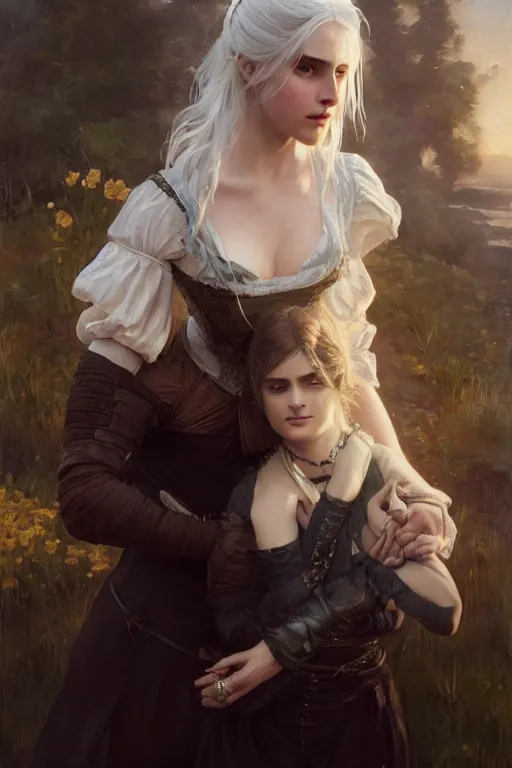 Image similar to Ciri from the Witcher in Victorian painting with Yennefer. by Daniel F. Gerhartz, hyperrealistic oil painting, 4k, studio lightning