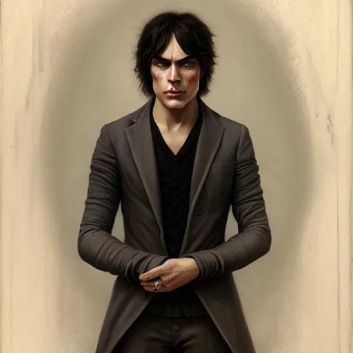 Prompt: attractive damon salvatore. highly detailed painting by tom bagshaw 8 k