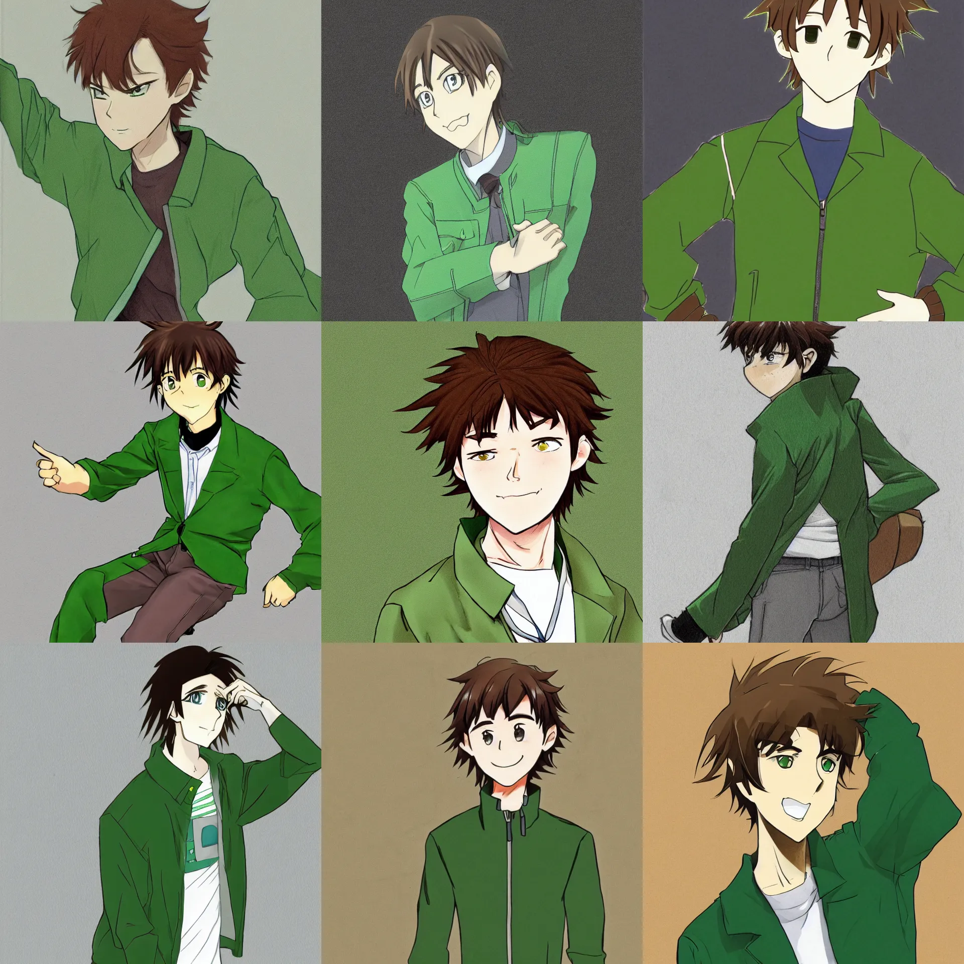 Prompt: sketch of an animated young man character with wavy brown hair, wearing a green jacket, anime style, manga style 2000's