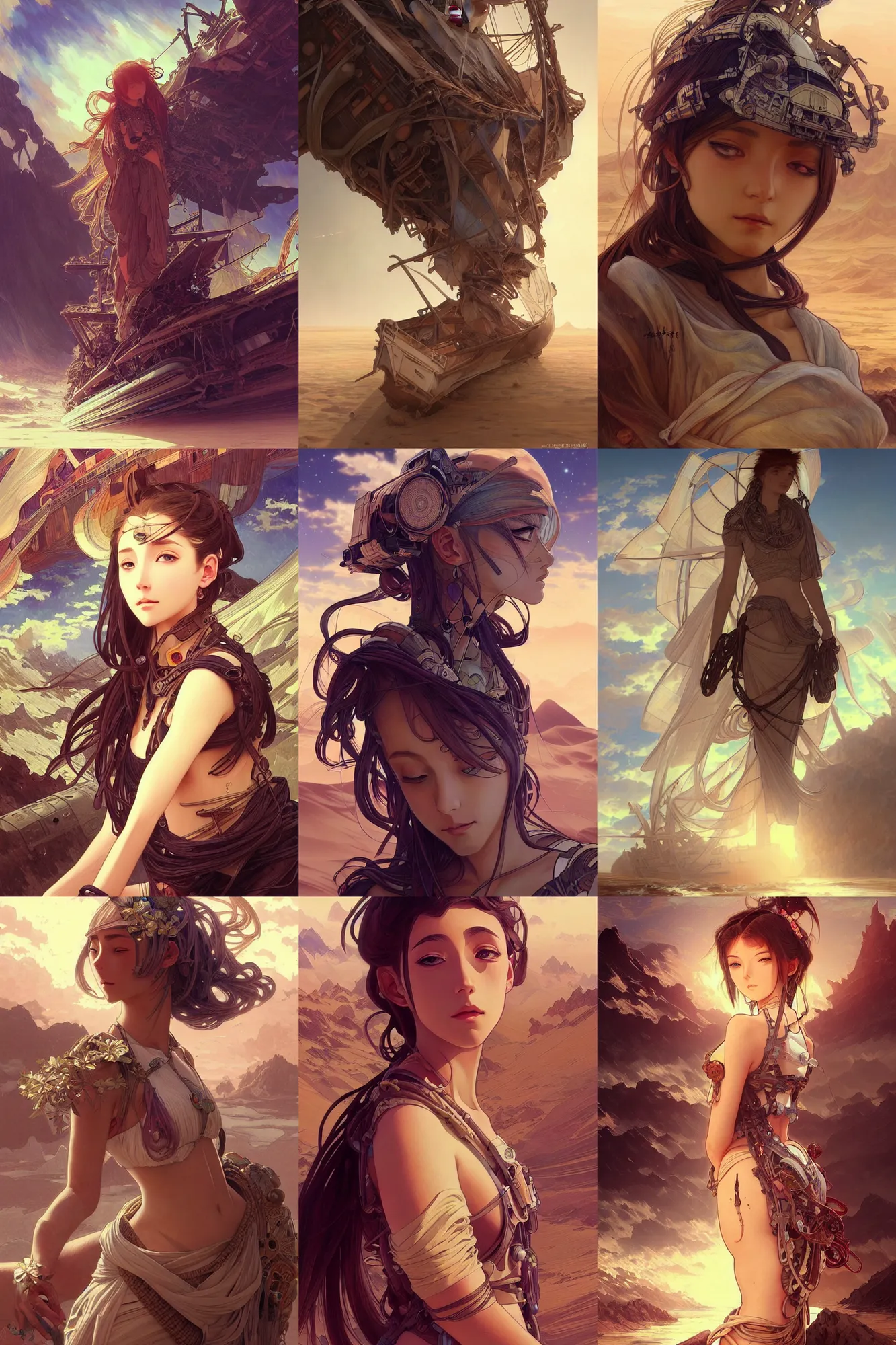 Prompt: ultra realistic beautiful cargo ship wrecked in desert techno art, beautiful alluring anime teen, sci - fi, fantasy, intricate, elegant, highly detailed, digital painting, artstation, concept art, smooth, sharp focus, illustration, in style of artgerm and alphonse mucha and tian zi and craig mullins