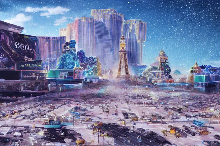 Prompt: Las Vegas strip, expensive streets with gold luxury details, advanced civilization, at Salar De Uyuni, unique formations on the surface of salt crystallization, sandwiched between sedimentary deposits, bubbling geysers, flashy, digital painting, concept art, sharp focus, from Star Trek 2021, illustration, by WLOP and Ruan Jia and Mandy Jurgens and William-Adolphe Bouguereau, Artgerm