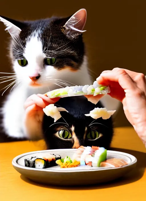 Image similar to clear photograph of cute cats stealing sushi from sushi plates