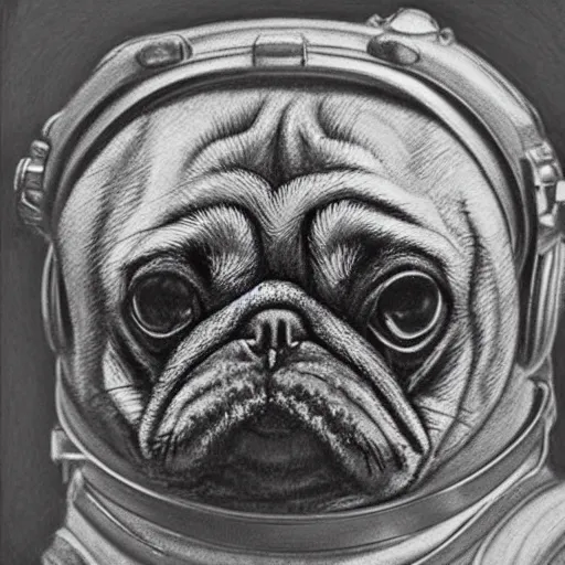 Image similar to pencil art, golden - ratio, spirals, highly detailed, astronaut pug in outer space by davinci.