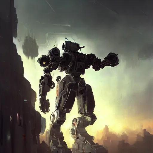 Image similar to a full length portrait of a giant autonomous polished steel battle mecha, a moody sci - fi painting by grosnez and juan pablo roldan, trending on artstation, highly detailed matte painting, cinematic