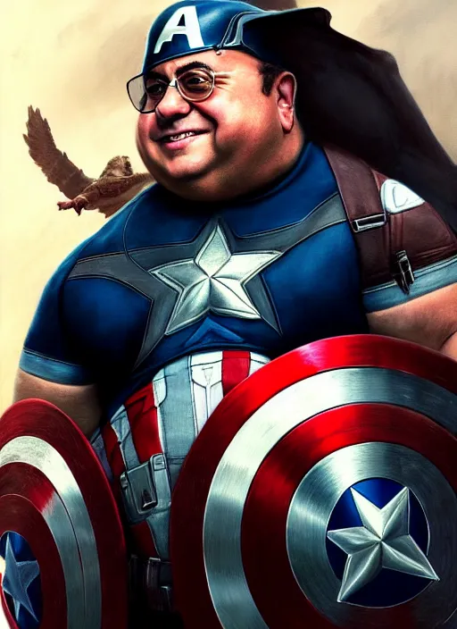 Image similar to Portrait of Fat Danny Devito with his belly sticking out as Captain America, He is Holding his shield while posing, realistic, detailed, 4k by Greg Rutkowski Mark Arian trending on artstation