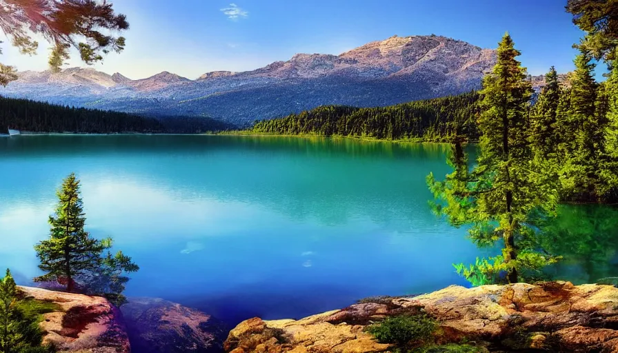 Prompt: a lake surrounded by pine trees with mountains in the background, digital art, highly detailed, realistic, bright colors, 8 k