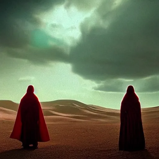 Image similar to colour aesthetic highly detailed photography scene, characters with very highly detailed faces. from dune ( 2 0 2 1 ) by alejandro hodorovski and denis villeneuve and gregory crewdson style with many details by andrei tarkovsky and caravaggio in sci - fi style. volumetric natural light hyperrealism photo on red dsmc 3 system