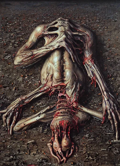 Prompt: painting of disturbing guy fieri lying on concrete ground, decrepit, corpse-like, by jon hale, beksinski, giger