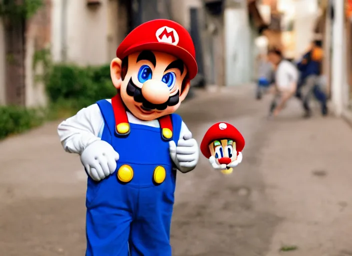 Prompt: super mario as a drug dealer selling a magical mushroom in the alleys of los angeles, super mario in real life, red hat, blue overalls, canon eos r 3, f / 1. 4, iso 2 0 0, 1 / 1 6 0 s, 8 k, raw, unedited, symmetrical balance, wide angle, 🍄🍄🍄