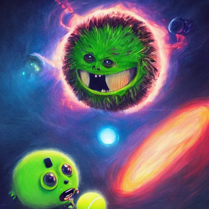 Image similar to cinematic portrait of a cute tennis ball monster in the abyss of space, chalk, masterpiece, trending on artstation, featured on pixiv, cinematic composition, dramatic pose, beautiful lighting, sharp details, hyper-detailed, HD, HDR, 4K, 8K, art by Basil Gogos