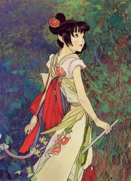 Prompt: an art nouveau copic maker sketch of an student girl wearing inuyasha clothes designed by balenciaga by john berkey by stanley artgerm lau, greg rutkowski, thomas kinkade, alphonse mucha, loish, norman rockwell