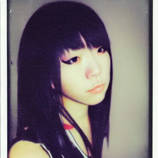 Prompt: atmospheric polaroid photograph of a japanese girl with emo makeup and long hair, fringe