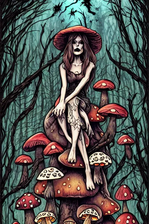 Prompt: a beautiful witch sitting on a toadstool in a forest, skulls and mushrooms, fantasy graphic novel style, by wendy pini, intricate, very fine inking lines, extremely detailed, 4k, hd