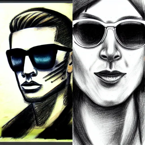 Prompt: recon in sunglasses, realistic, ink, line drawing, sketch, fineart