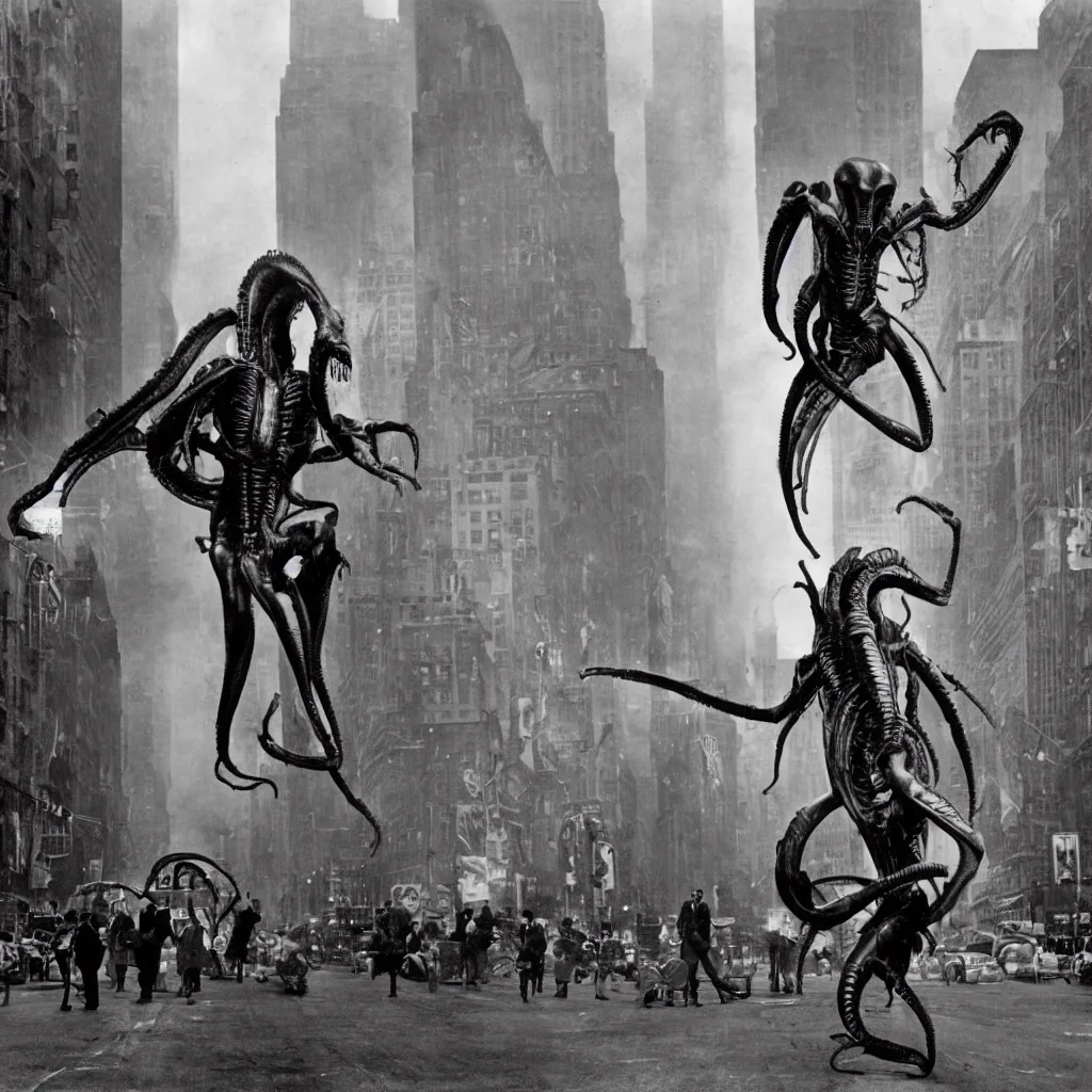 Image similar to old black and white photo, 1 9 1 3, depicting a xenomorph from the movie aliens rampaging through the bustling streets of new york city, historical record