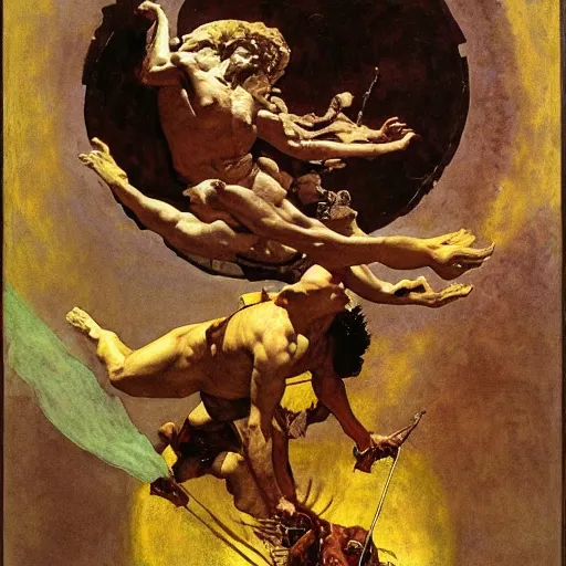 Image similar to Tragic Portrait of Phaethon the Demigod losing control of the reins of the chariot chariot that is the sun careening through the zodiac filled stratosphere. norman rockwell guillem h. poniluppi howard pyle Ilya Repin Michelangelo Buonarotti Leonardo Da Vinci rodin greg rutkowski james gurney. tombow masterpiece fresco watercolor grisaille quadratura Trompe-lœil