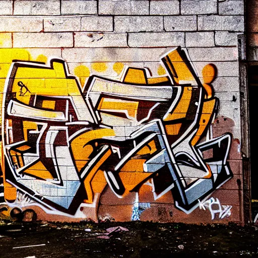 Image similar to graffiti on a wall in a run down building, happy mood, cyberpunk, high detail, golden light, realistic