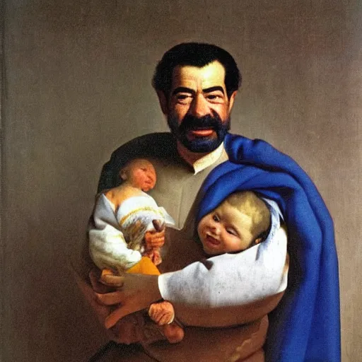 Image similar to A portrait of Saddam Hussein smiling and holding a baby gently in his arms by Johannes Vermeer