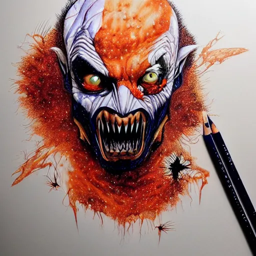 Image similar to hyper realistic colored pencil drawing of zombie wolverine, space background, unlimited detail, colored, space, dragon, intricate, detail, phoenix, orange by harumi hironaka art gem, cg society