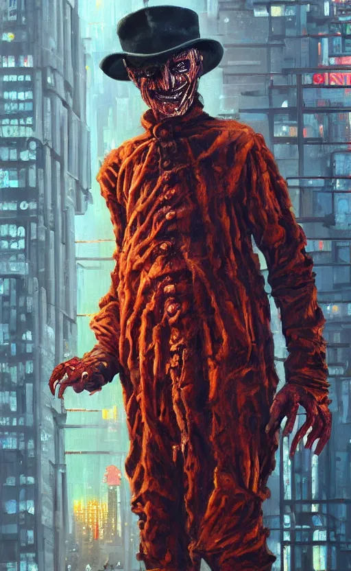 Image similar to a vigorous and limber oil painting of a simple, conversational, cyberpunk, deeply and exquisite freddy krueger in london, by tim white. tibetan paintings. photorealistic. trending on artstation.