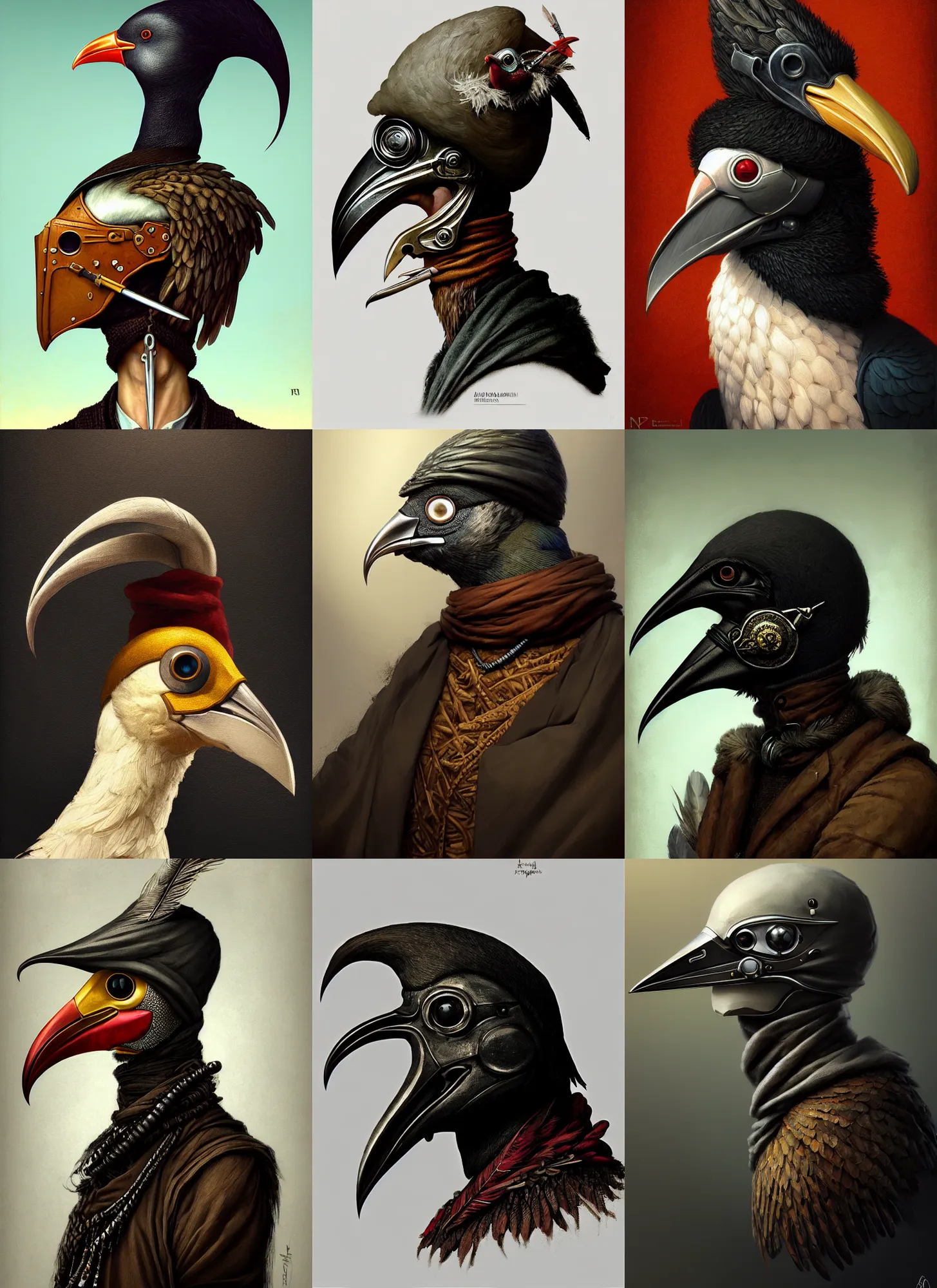 Prompt: rpg! profile! portrait of humanoid bird on white background, beak, feathers, beautiful clothes, d & d, plague doctor, intricate, highly detailed, digital painting, artstation, concept art, smooth, sharp focus, illustration, art by norman rockwell emiliano ponzi andrey remnev yoann lossel aaron jasinski, 8 k