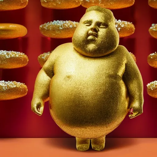 Prompt: a professional photo of a gold statue of a fat man who ate all the donuts in the shop, covered in sprinkles and crumbs