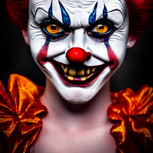 Prompt: full length photo of a beautiful female killer clown, highly detailed, 8 k, hdr, close up, smooth, sharp focus, high resolution, award - winning photo