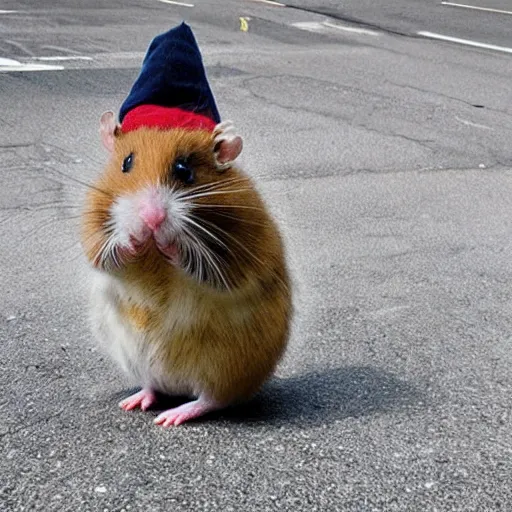 Image similar to “ hamster dressed as a homeless person sitting at an intersection with arms stretched out holding a tin can ”