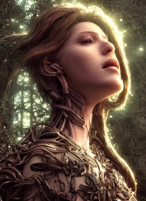 Image similar to sumptuous biomechanical incredible hair, masterpiece crystalline incrustations, hyperdetailed face, elegant pose, movie still, intricate, octane render, cinematic forest lighting, cgsociety, unreal engine, crepuscular rays, god rays