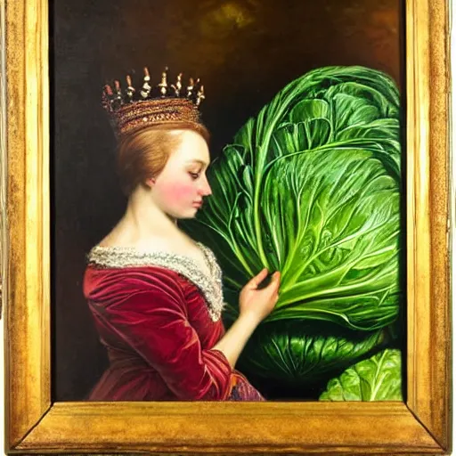 Image similar to a queen gazing at a cabbage, oil painting