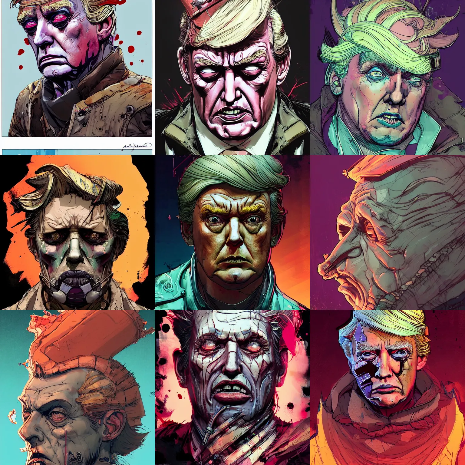 Prompt: asthetics! pretty! cell shaded scary head portrait of donald trump as Borderlands 3 concept art, llustration, postapocalyptic grunge, concept art by josan gonzales and wlop, by james jean, Victo ngai, David Rubín, Mike Mignola, Laurie Greasley, highly detailed, sharp focus,alien,Trending on Artstation, HQ, deviantart, art by artgem