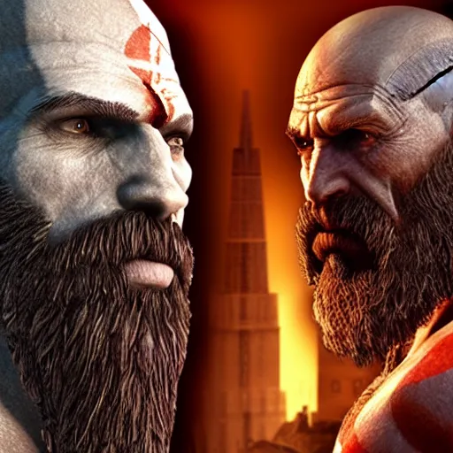 Image similar to screenshot of the game God of War with Kratos and Walter White standing next to eachother