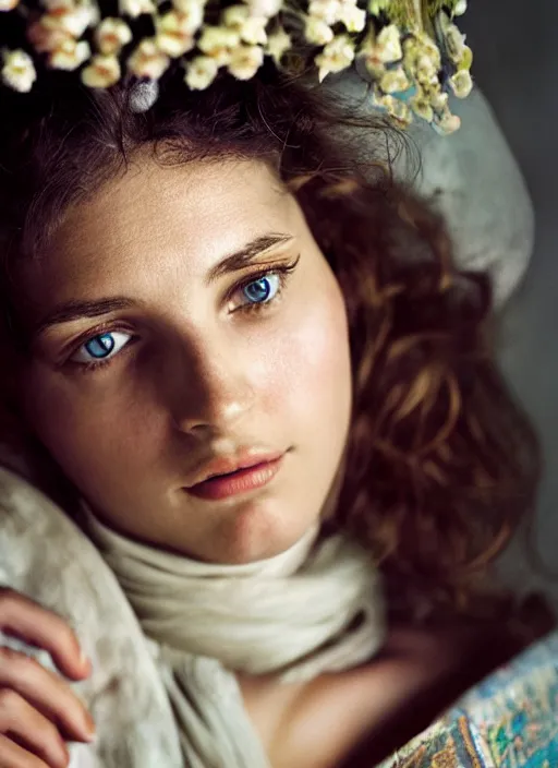 Image similar to beautiful jewish woman, studio light, bloom, detailed face, magazine, press, photo, steve mccurry, david lazar, canon, nikon, focus