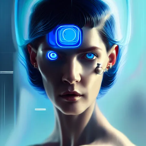 Image similar to woman with extremely large and intricate haircut with friendly blue eyes and slim features looking askance, eye cyberpunk bionics, retro futurist style, intricate, elegant gleaming jewelry, angelic halo, highly detailed, digital painting, artstation, concept art, smooth, sharp focus, illustration, art by wlop, mars ravelo and greg rutkowski,