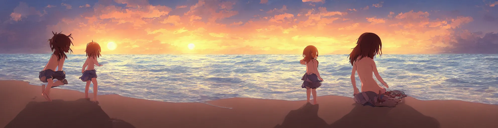 Image similar to beautiful, detailed digital painting of a brown-haired child playing on the beach and looking at the sunset, anime by Makoto Shinkai, sand, waves, trending on artstation