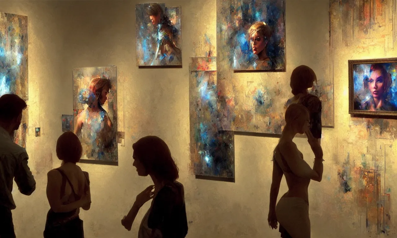 Image similar to photorealistic painting by craig mullins. a cyborg in an art gallery looking at a painting of a beautiful woman staring back at the cyborg. intricate details