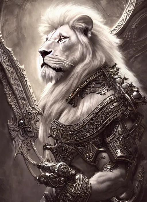 Image similar to anthropomorphized white lion paladin casting spell, heroic pose, concept art, insanely detailed and intricate, hypermaximalist, elegant, ornate, hyper realistic, super detailed, art deco, cinematic, trending on artstation, magic the gathering artwork