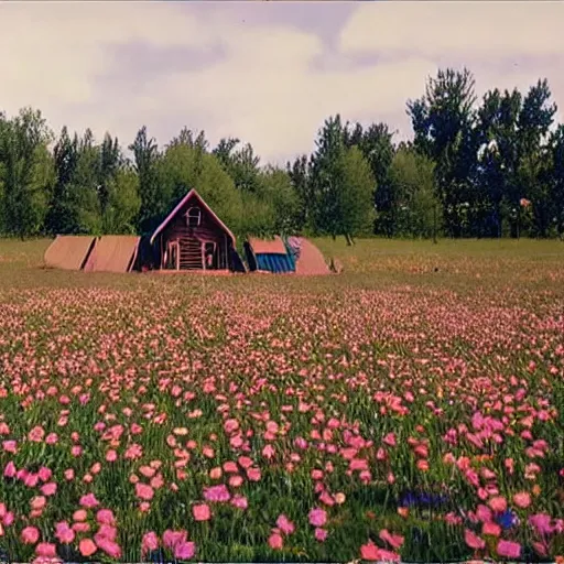 Image similar to vhs 1 9 8 0 s footage of a scene from the movie midsommar a - line shaped wooden building on fire, field of flowers