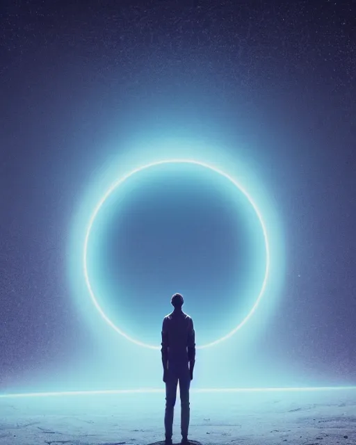 Image similar to a person standing in front of a glowy open door that's on a barren moon, poster art by mike winkelmann, trending on cg society, space art, sci - fi, ue 5, futuristic, volumetric lighting, light casting onto the ground, neat composition and camera angle