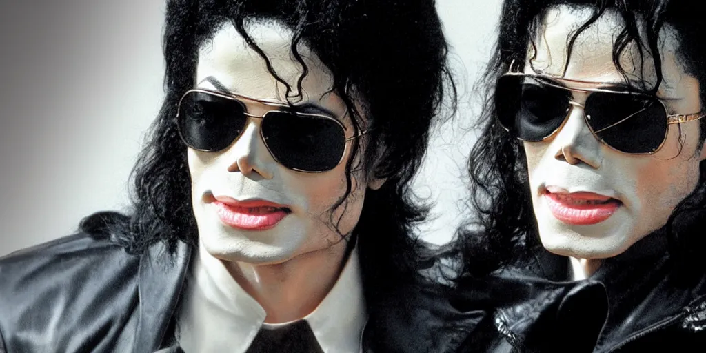 Image similar to michael jackson by himself 2 0 0 9 style wearing shades, studio solo, this is it style, photo real, skin pores, motion blur, solo, by himself, heroic pose, real life, spotted, ultra realistic face, accurate, 4 k, movie still, uhd, sharp, detailed, cinematic, render, modern