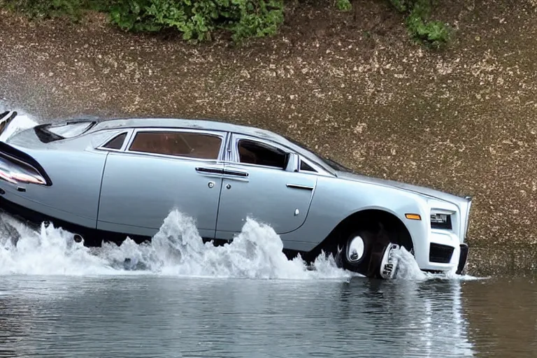 Image similar to Group of teenagers push Rolls-Royce into lake from small slide