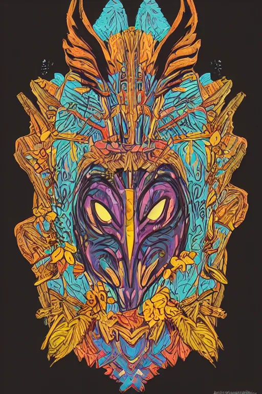 Image similar to animal mask totem roots flower tribal feather gemstone plant wood rock shaman vodoo video game vector cutout illustration vivid multicolor borderlands comics by josan gonzales and dan mumford radiating a glowing aura