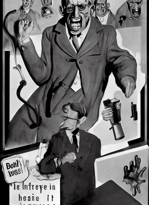 Image similar to creepy Dr. Kleiner from Half Life with a scary comically large smile, 1940s scare tactic propaganda art