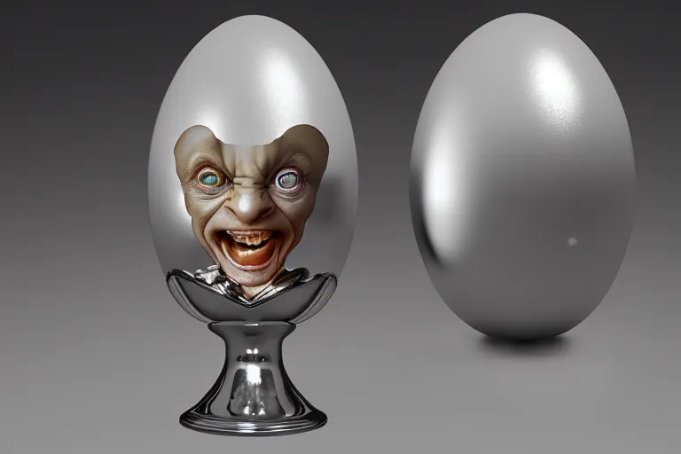 Prompt: silver egg cup, vin diesel head in egg cup, head looks like egg, eggshell cracking, hyper detailed, digital art, artstation, cinematic lighting, studio quality, smooth render, by peter mohrbacher, hajime sorayama, boris vallejo, craig mullins