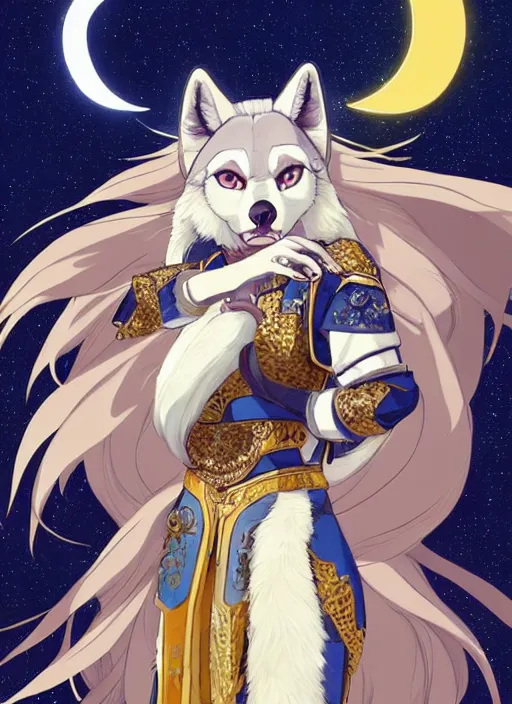 Image similar to commissioned full body portrait of a female anthro wolf princess fursona with a wolf head and white hair wearing a blue and gold Japanese armored dress in a white and gold palace on a starry night with a large crescent moon, by a professional manga illustrator, by Kilian Eng, by Sandra Chevrier, trending on artstation