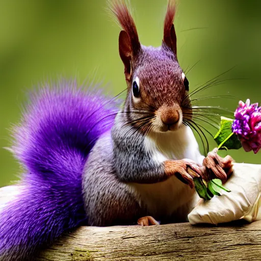 Image similar to photo-realistic purple squirrel wearing a bowtie and smoking a pipe