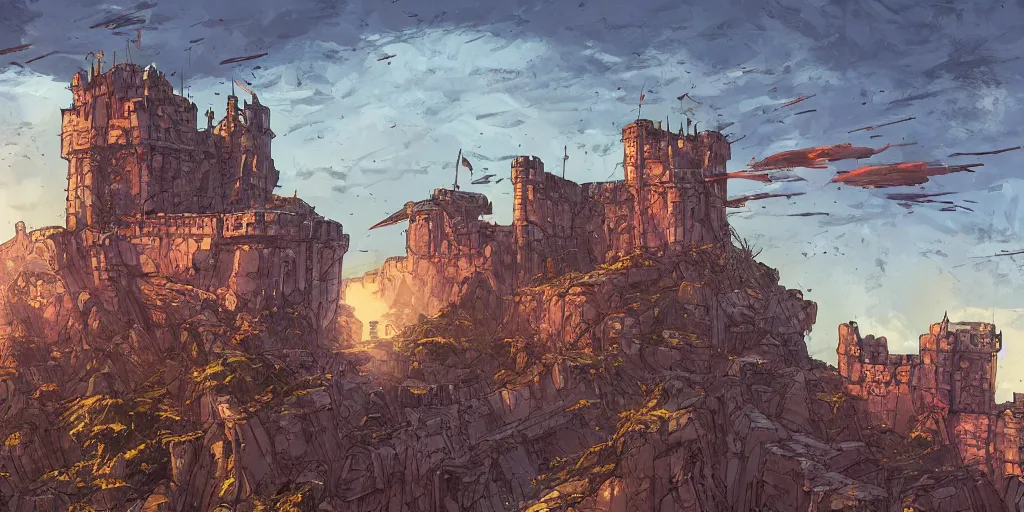 Prompt: a highly detailed photo of a post - future damaged castle surrounded by a mist and jet fighters shot at sunrise on 3 0 mm film painted from borderlands and by feng zhu and loish and laurie greasley, victo ngai, andreas rocha, john harris by jesper ejsing, by rhads, makoto shinkai and lois van baar