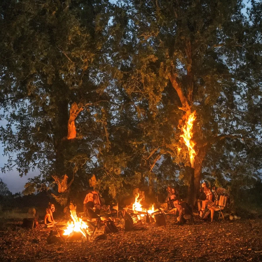 Prompt: a nice evening around the camp fire, friends are drinking and laughing, there is a monster behind the tree