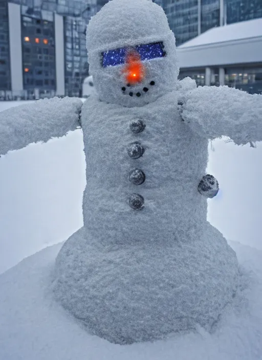 Image similar to photo of a cyber snowman, cyberpunk, made of snow and metal, interesting angle, sharp focus, 8 k high definition, insanely detailed, intricate, intelligent, art by kazuya takahashi, fenghua zhong, sangsoo jeong, kevin hou